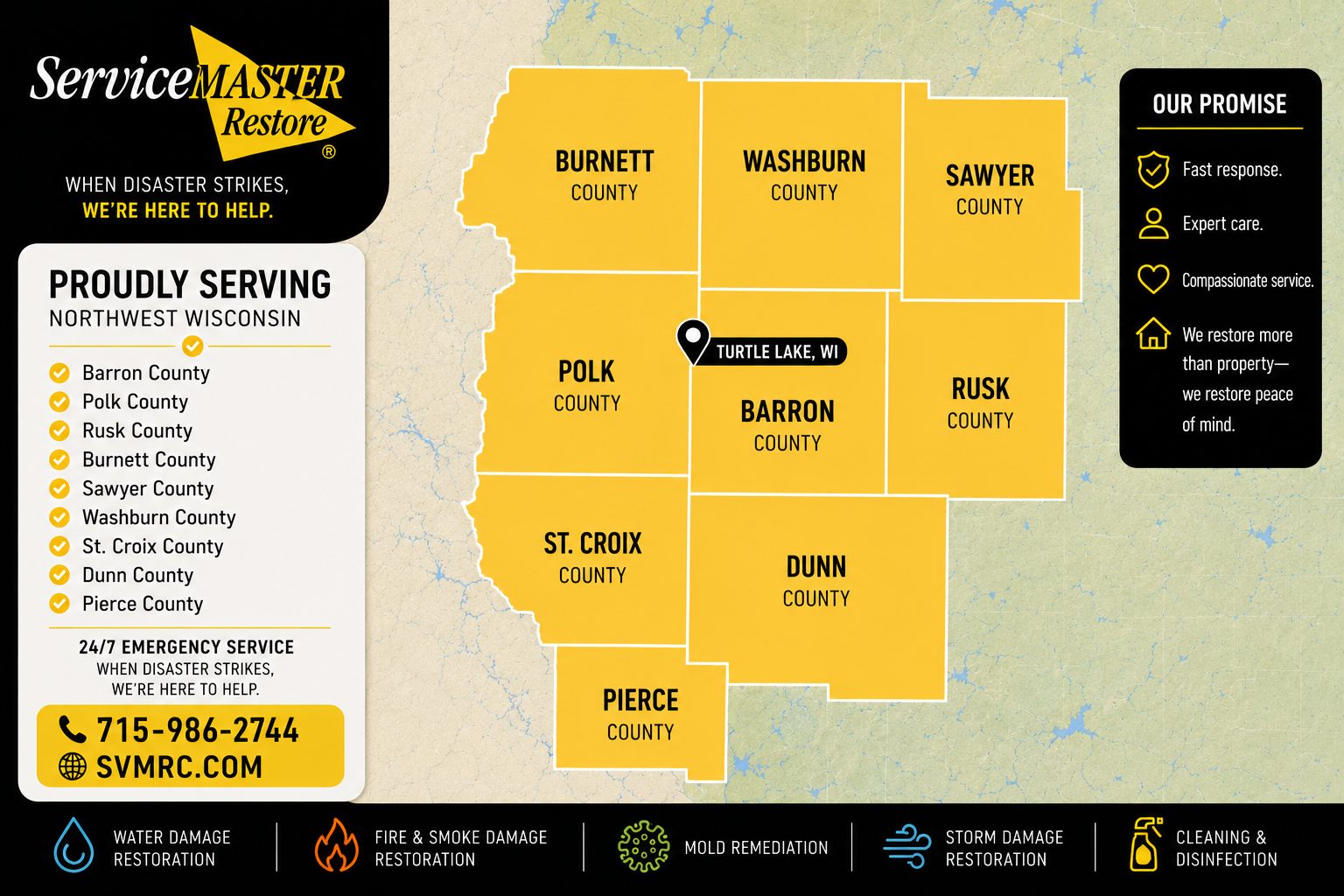 Map of ServiceMaster Restoration & Cleaning's service coverage area in Northwest Wisconsin